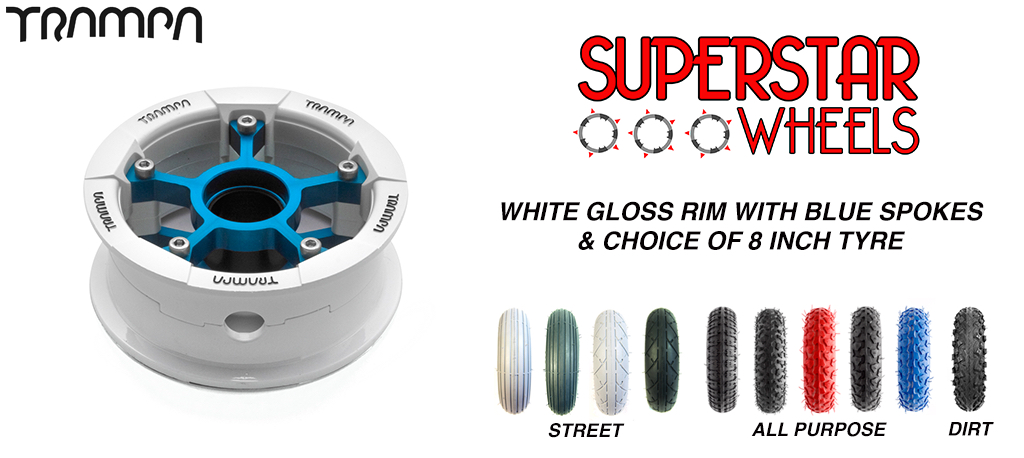 Superstar 8 inch wheel - WHITE Gloss with BLUE Logo Superstar rim BLUE spoke with CUSTOM Tyre 8 INCH WHEEL