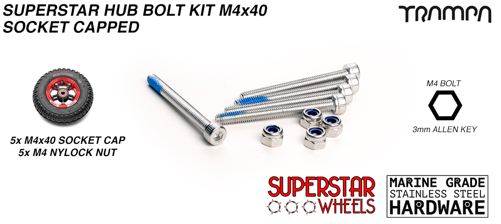 M4 x 40mm Marine Grade Stainless Steel Socket Capped Superstar Hub Bolt kit