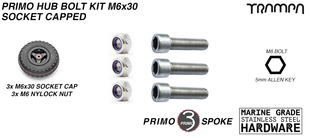 M6 x 30mm Marine Grade Stainless Steel Socket capped Primo Hub Bolt kit 