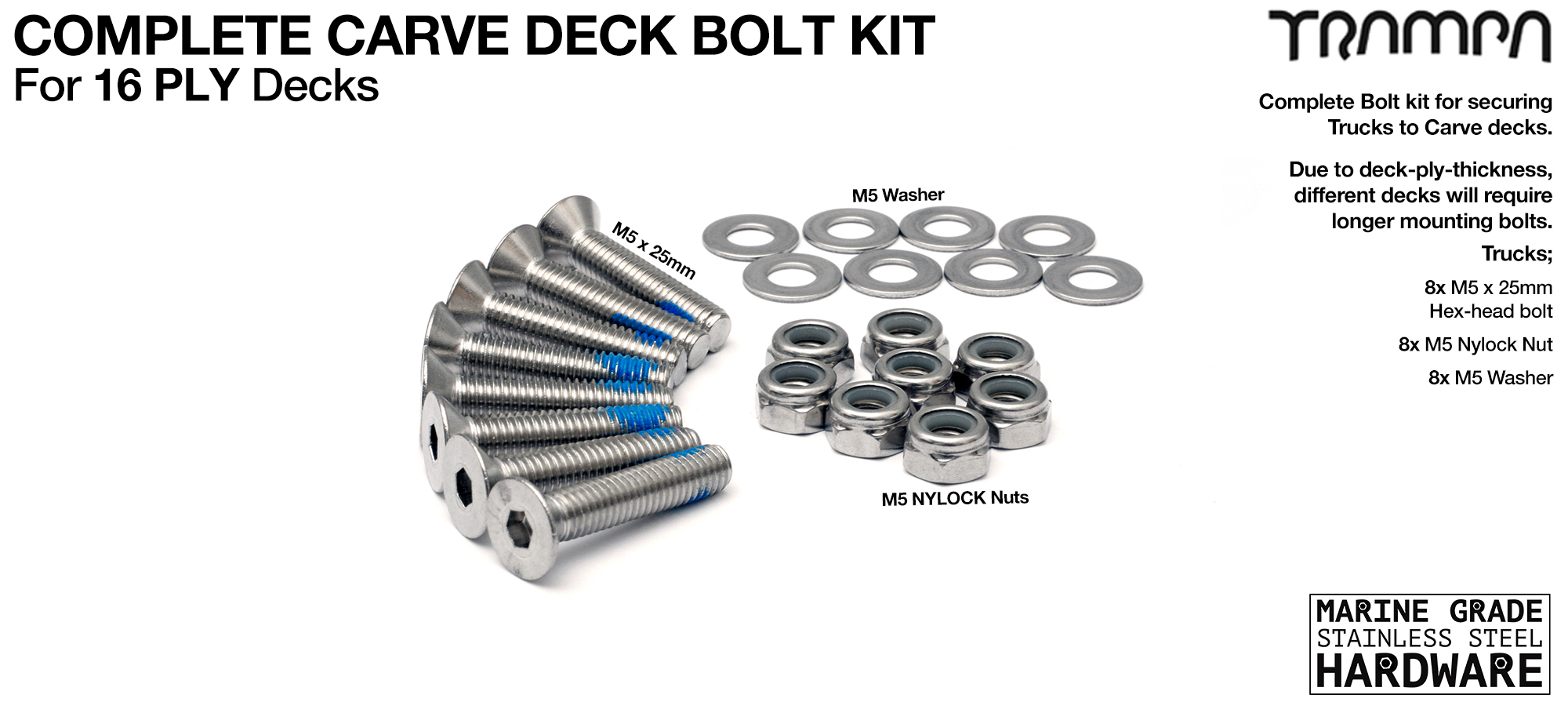 25mm Marine grade Stainless Steel Countersunk Bolt Kit - fixes Mini Spring Trucks to 16ply Carve Decks