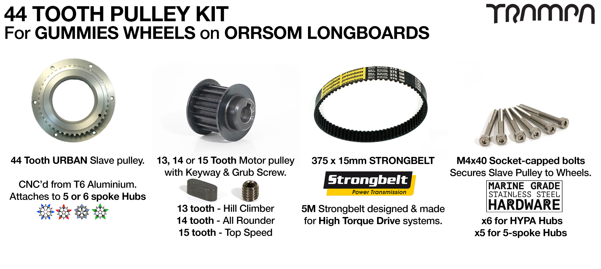 ORRSOM Longboard Pulley kit with 44 Tooth Slave & 375mm x 15mm Belt to fit 5 Inch GUMMIES Tyres