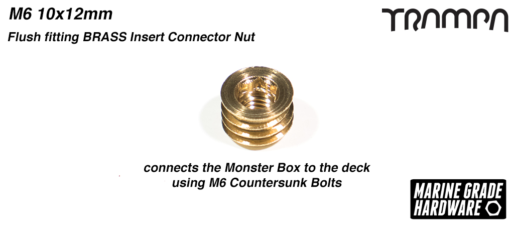 M6 10x12mm Flush fitting Threaded BRASS Insert Connector Nut connects the Monster Box to the deck using M6 Countersunk Bolts