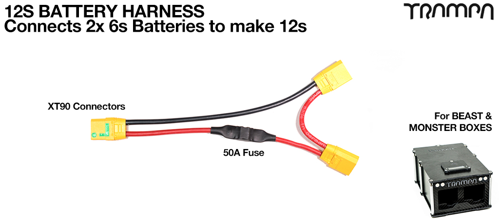 Universal 12s Battery Harness to make 12s Power from 2x 6s batteries. Cable kit with 50 Amp fuse for BEAST or MONSTER Box