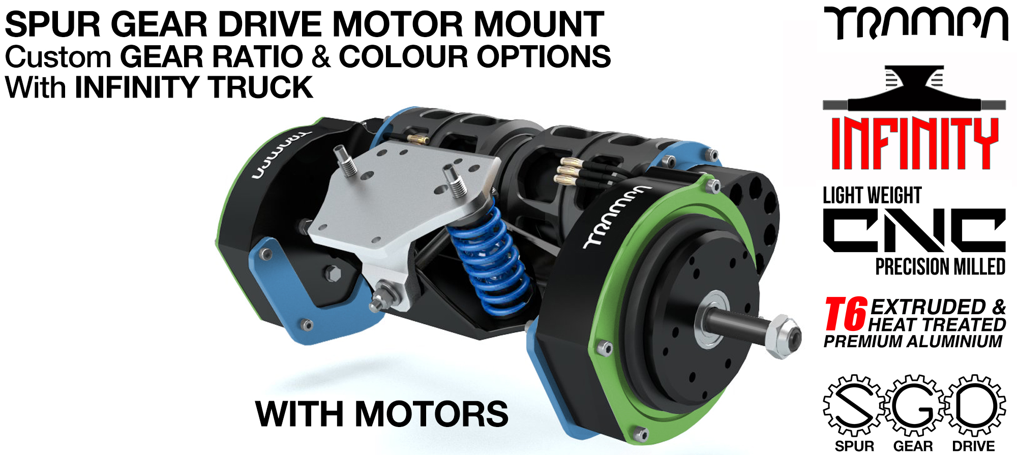 Mountainboard Spur Gear Drive TWIN Motor Mount with Motors & INFINITY Truck 