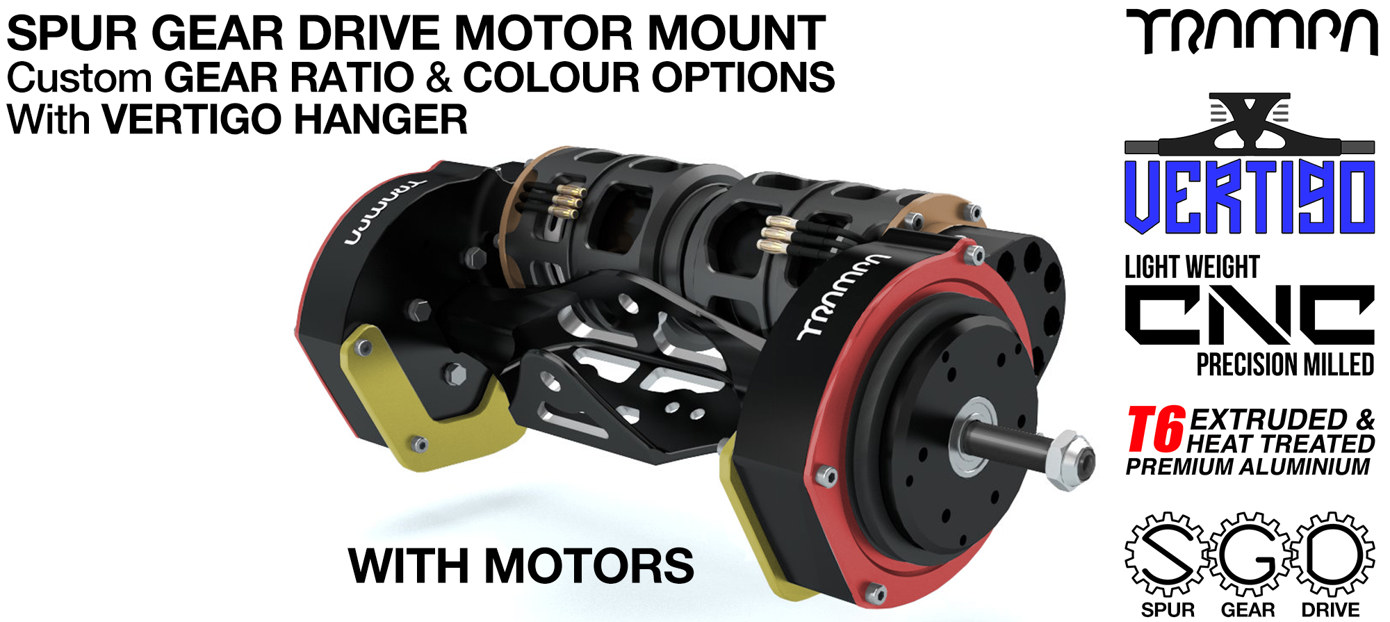 Mountainboard Spur Gear Drive TWIN Motor Mounts with Motors & VERTIGO Hanger