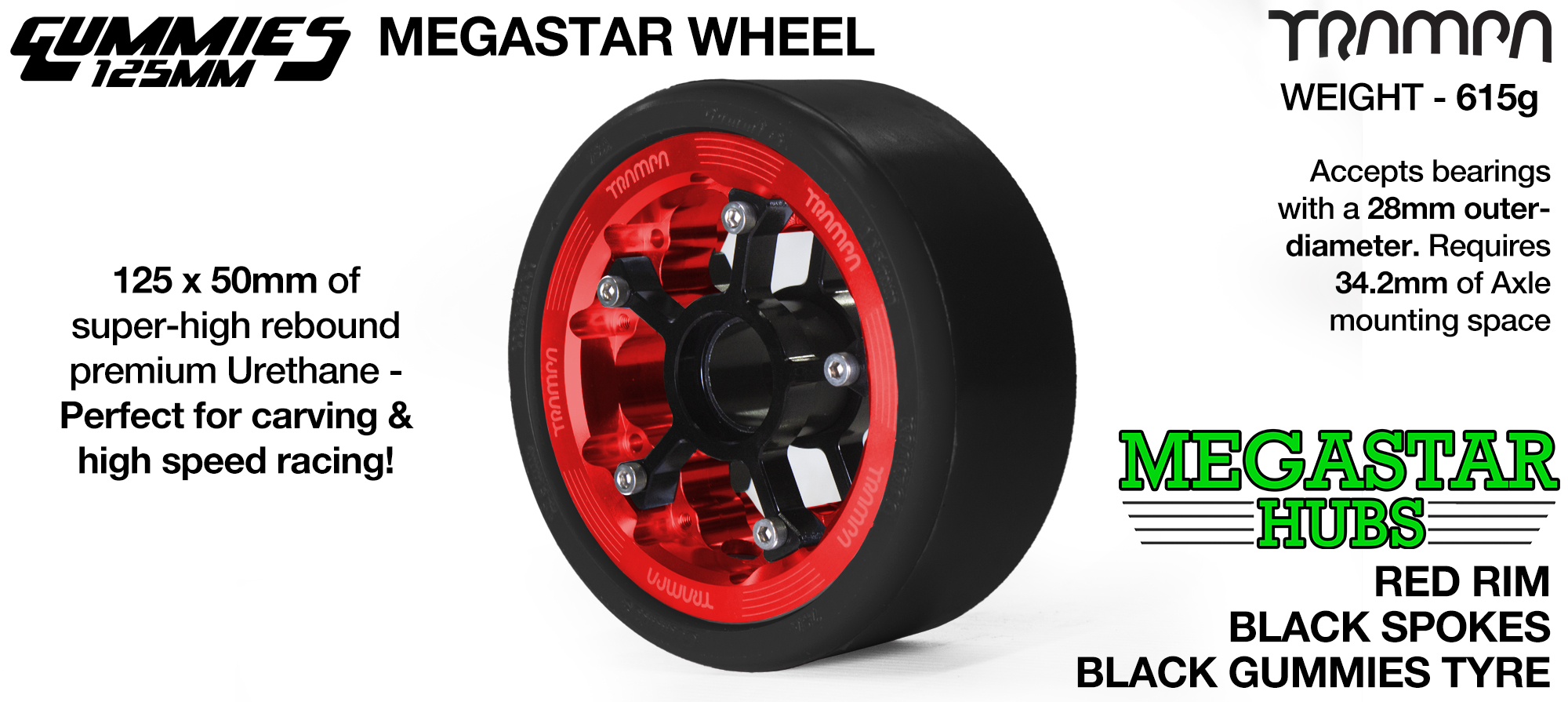 RED CENTER-SET MEGASTAR 8 Rim with BLACK Spokes & BLACK Gummies - The Ulrimate Longboard Wheel