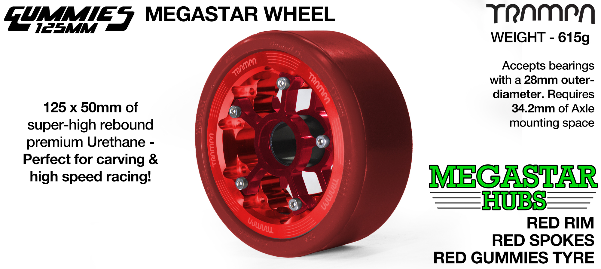 RED CENTER-SET MEGASTAR 8 Rim with RED Spokes & RED Gummies - The Ulrimate Longboard Wheel