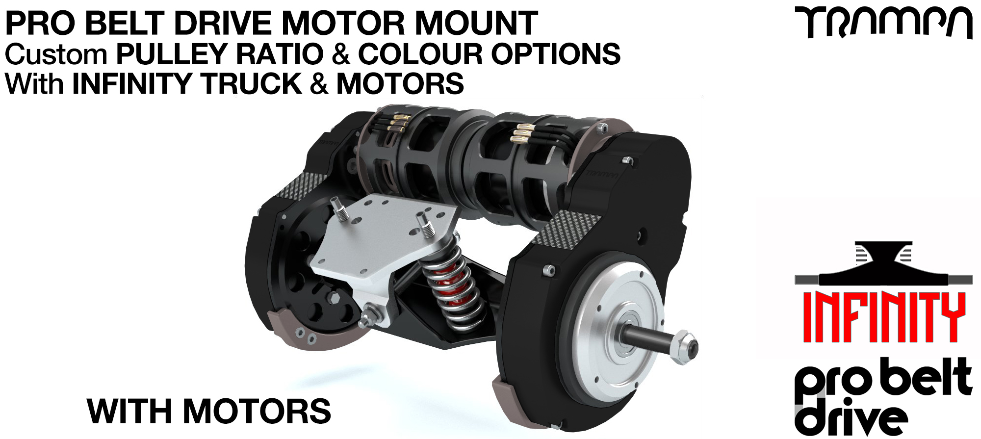 16mm PRO BELT DRIVE LOADED Motor Mounts MOTORS, PULLEYS & Motor PROTECTION FILTERS mounted on a CNC INFINITY TRUCK
