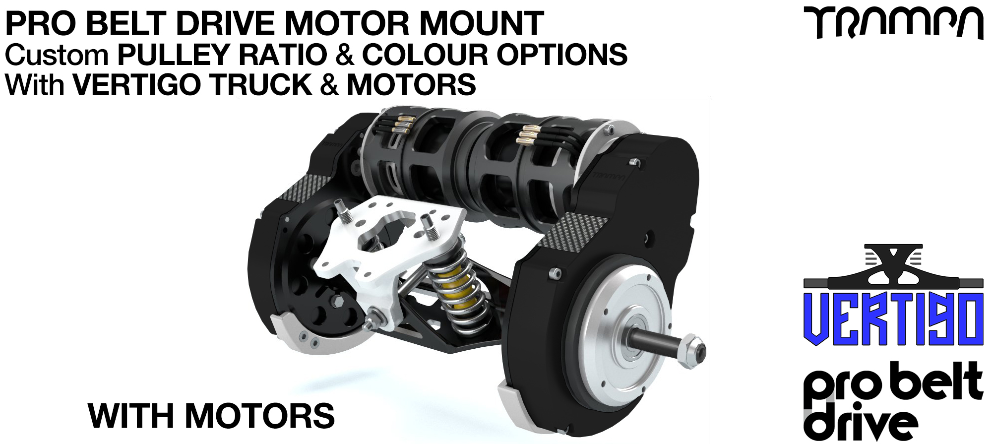 16mm PRO BELT DRIVE LOADED Motor Mounts MOTORS, PULLEYS & Motor PROTECTION FILTERS mounted on a CNC VERTIGO TRUCK