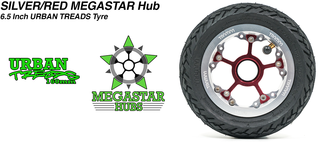 CENTER-SET MEGASTAR 8 Hub with SILVER Rims & RED Spokes with the amazing Low Profile 6.5 Inch URBAN Treads Tyres