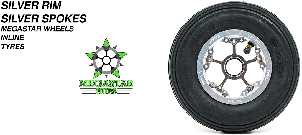 SILVER MEGASTAR Rims with SILVER Spokes & 8 Inch BLACK INLINE Tyres