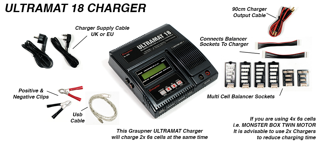 Graupner Ultramat 18 charger - capable of charging 2x 6s Batteries at once with balancing cables 