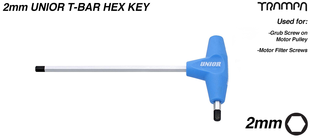 The 2mm T-Bar HEX Key is used to tighten & loosen the Grub Screw in the Motor Pulley UNIOR 