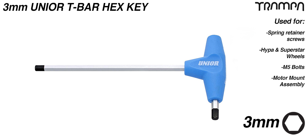 The 3mm T-Bar HEX Key is used to tighten & loosen the Grub Screw in the Motor Pulley UNIOR 