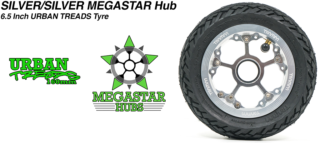 SILVER OFFSET MEGASTAR Rims with SILVER Spokes & the amazing Low Profile 6.5 Inch URBAN Treads Tyres 