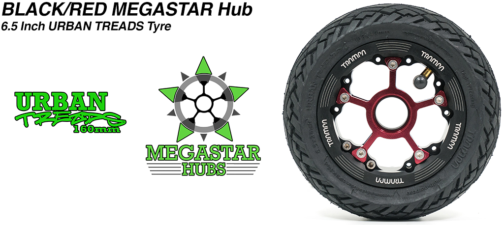 BLACK OFFSET MEGASTAR Rims with RED Spokes & the amazing Low Profile 6.5 Inch URBAN Treads Tyres