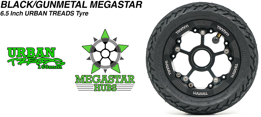 BLACK OFFSET MEGASTAR Rims with GUNMETAL Spokes & the amazing Low Profile 6.5 Inch URBAN Treads Tyres