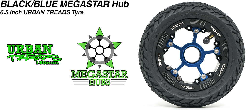 8 Inch OFF-SET MEGASTARs - BLACK Rim with BLUE Spokes & 6.5 Inch URBAN Treads Tyres 