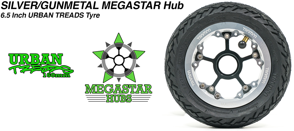 SILVER OFFSET MEGASTAR Rims with GUNMETAL Spokes & the amazing Low Profile 6.5 Inch URBAN Treads Tyres