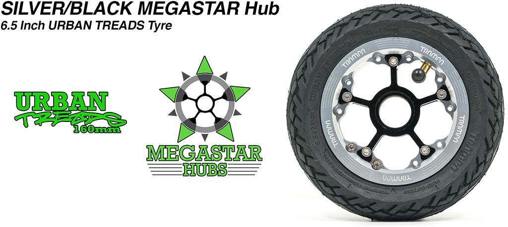 SILVER OFFSET MEGASTAR Rims with BLACK Spokes & the amazing Low Profile 6.5 Inch URBAN Treads Tyres