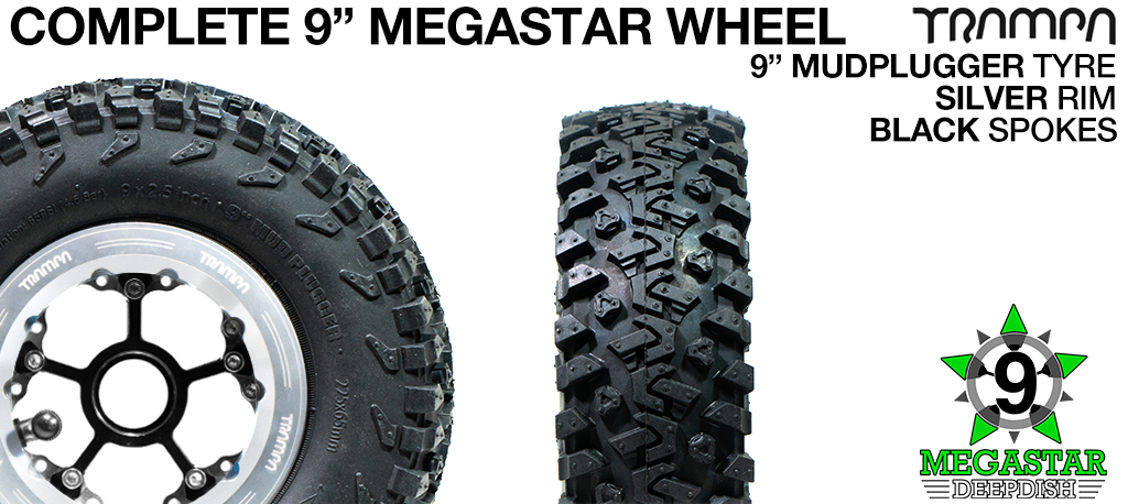 SILVER 9 inch Deep-Dish MEGASTARS Rim with BLACK Spokes & 9 Inch MUD-PLUGGER Tyres 