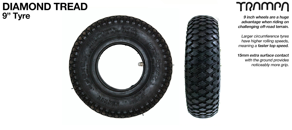 DIAMOND Tread 9 Inch Tyre measure 4x 2.5x 9 230x75mm with 4 Inch Rim fits all 4 Inch Hubs