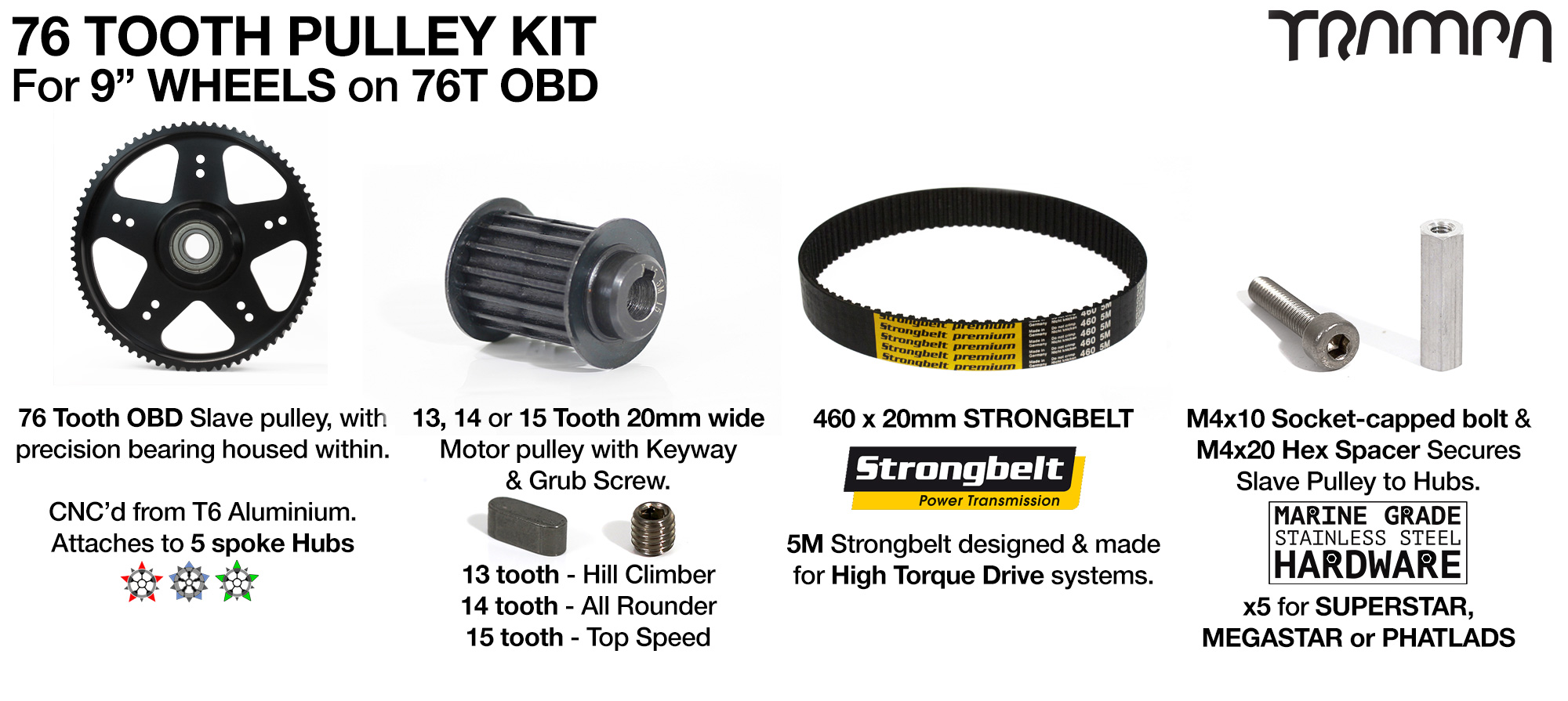 76T OBD Panel with 9 Inch Wheels - 76 Tooth Pulley Kit & 460 x 20mm Belt 