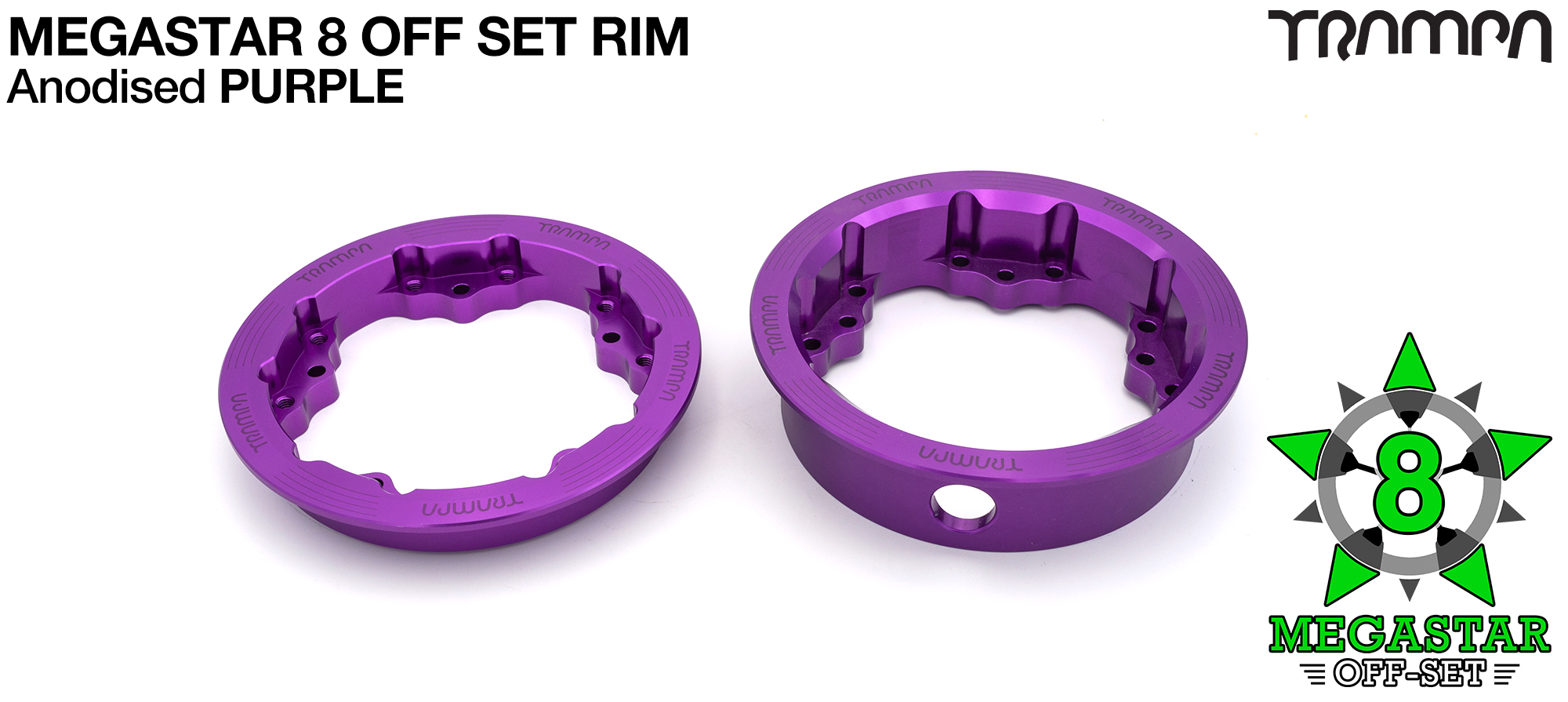 MEGASTAR 8 OS Rims Measure 3.75 x 2 Inch. The bearings are positioned OFF-SET widening the wheel base & accept all 3.75 Rim Tyres - PURPLE 