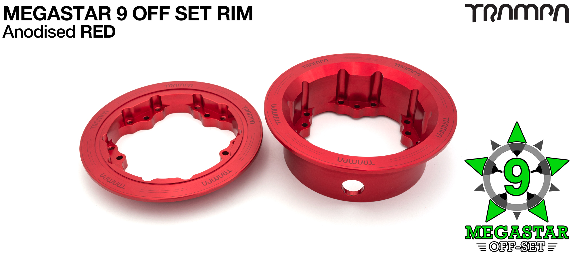 MEGASTAR 9 Rims Measure 3.75/4x 2.5 Inch & the bearings are positioned OFF-SET & accept 3.75 & 4 Inch Rim Tyres - RED