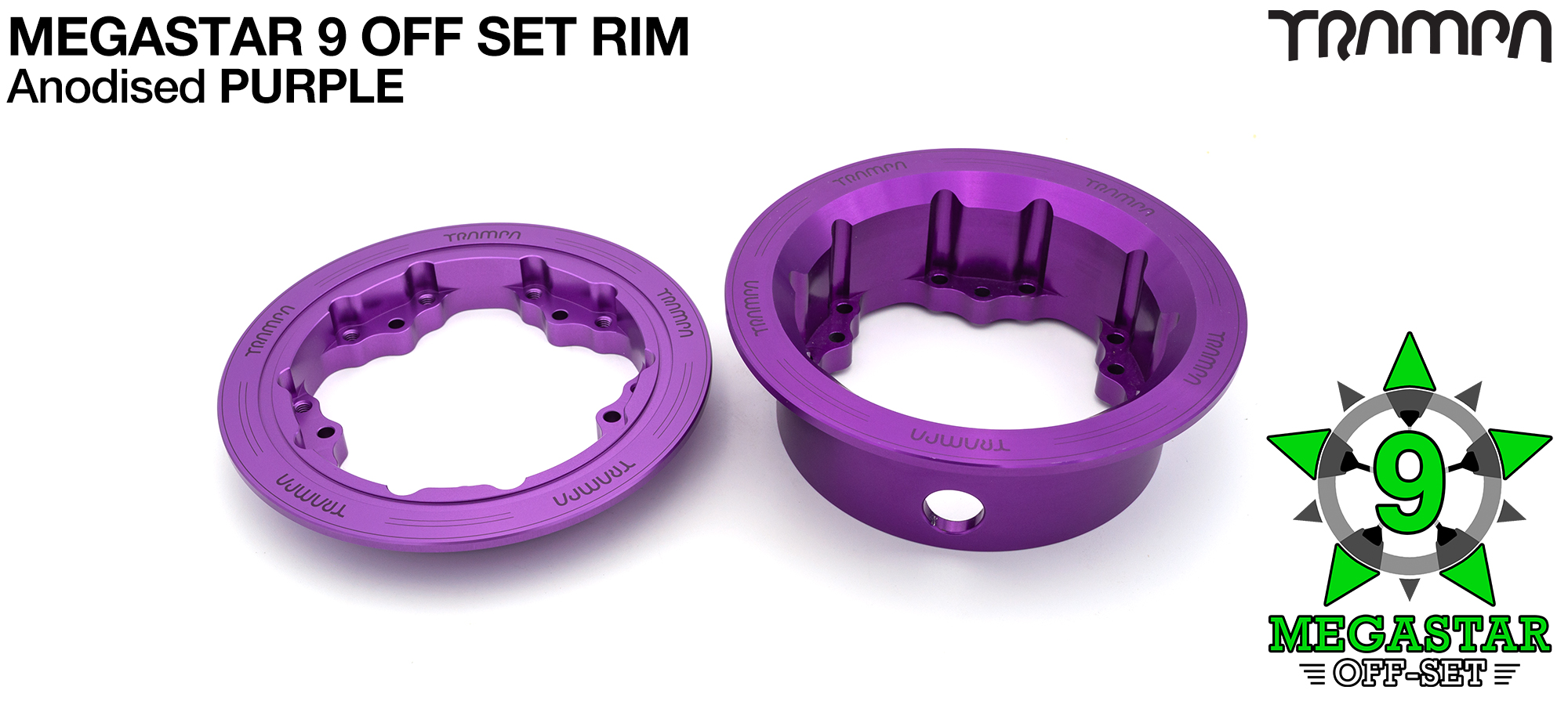 MEGASTAR 9 Rims Measure 3.75/4x 2.5 Inch & the bearings are positioned OFF-SET & accept 3.75 & 4 Inch Rim Tyres - PURPLE