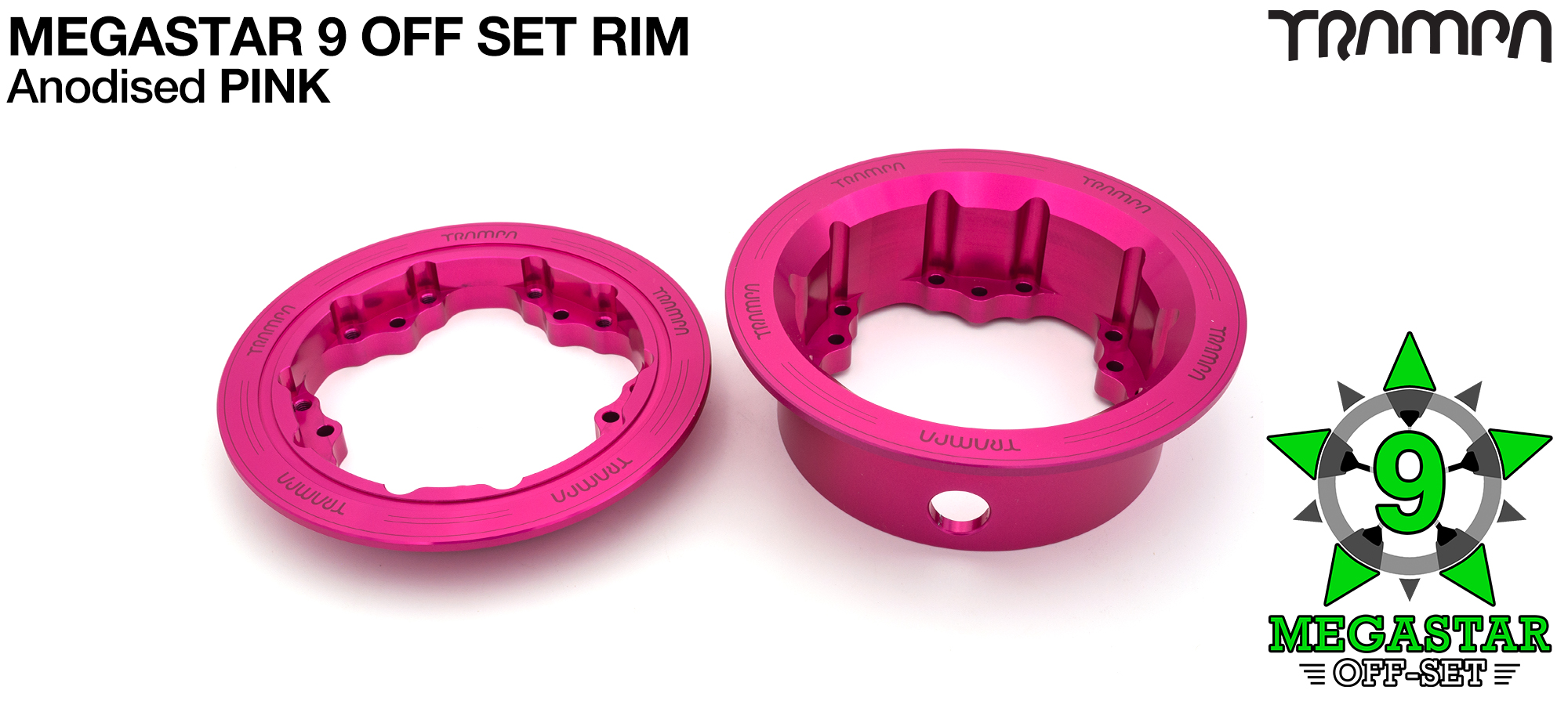 MEGASTAR 9 Rims Measure 3.75/4x 2.5 Inch & the bearings are positioned OFF-SET & accept 3.75 & 4 Inch Rim Tyres - PINK