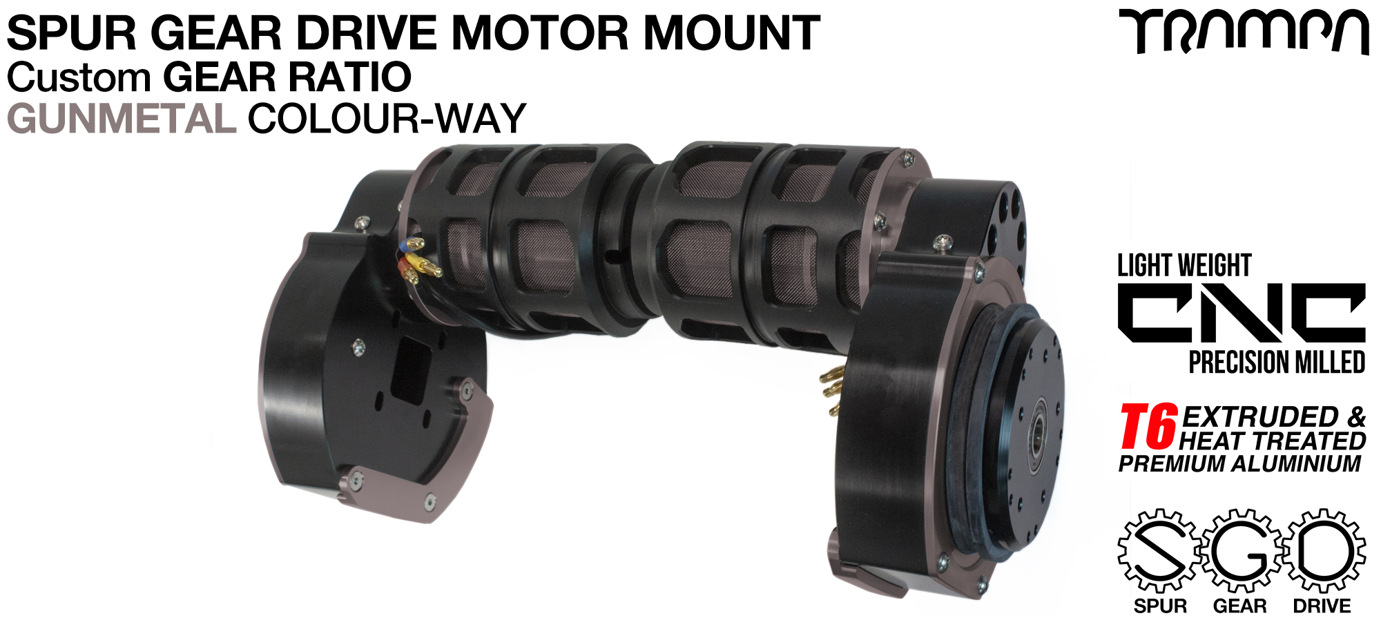 Mountainboard Spur Gear Drive TWIN Motor Mount with PULLEYS & FILTERS - GUNMETAL