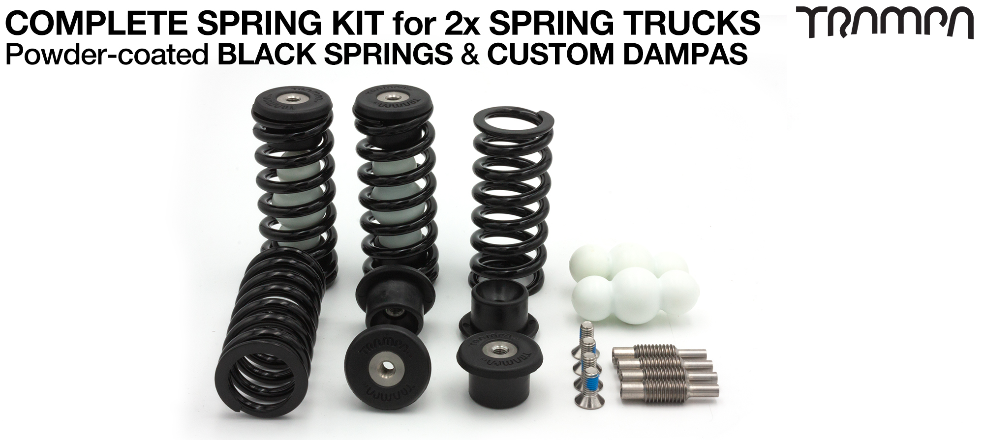 Complete Spring kit for 1x Board = 4x BLACK Springs 4x Dampa 8x Spring Retainers 4x Spring Adjuster & 4 M5x12mm Countersunk Bolt