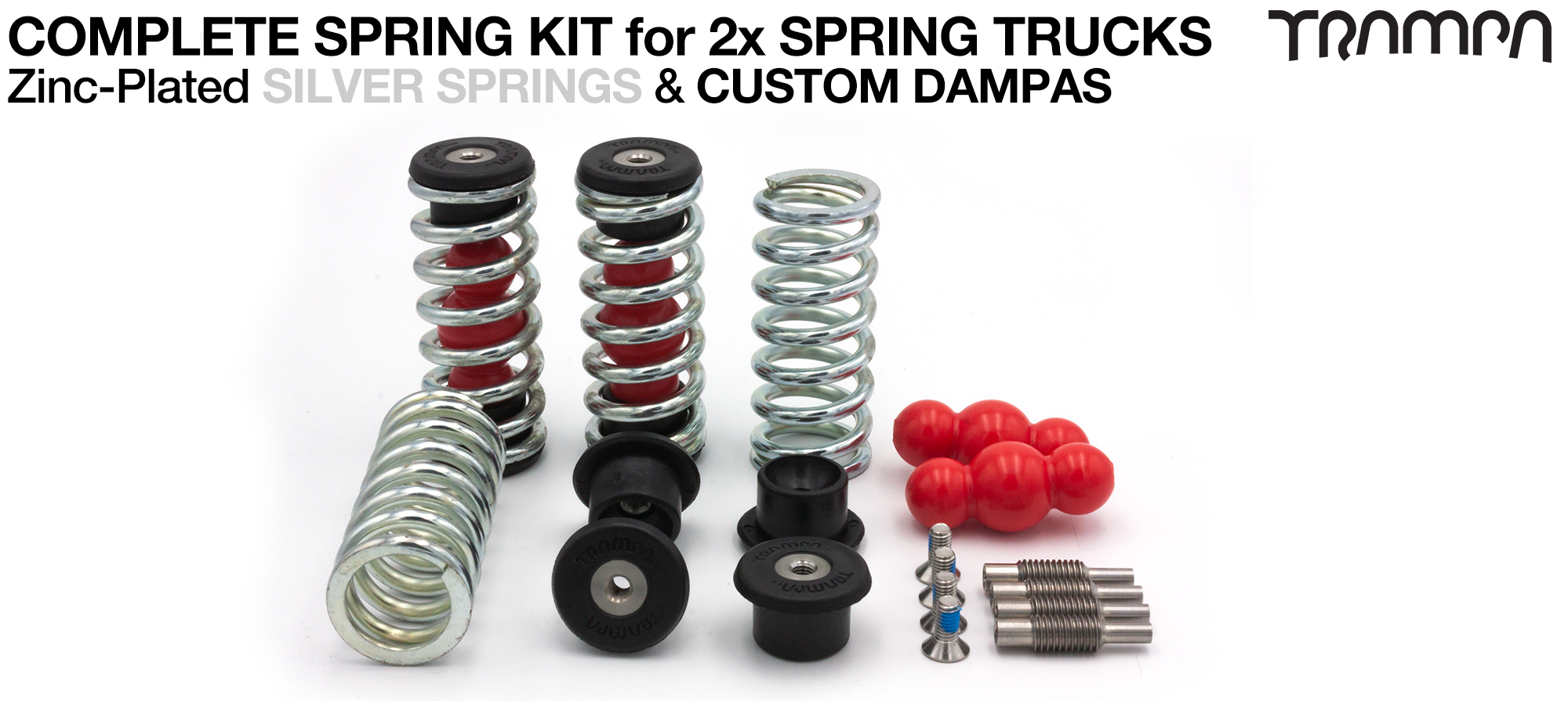 Complete Spring kit for 1x Board = 4x SILVER Springs 4x Dampa 8x Spring Retainers 4x Spring Adjuster & 4 M5x12mm Countersunk Bolt 