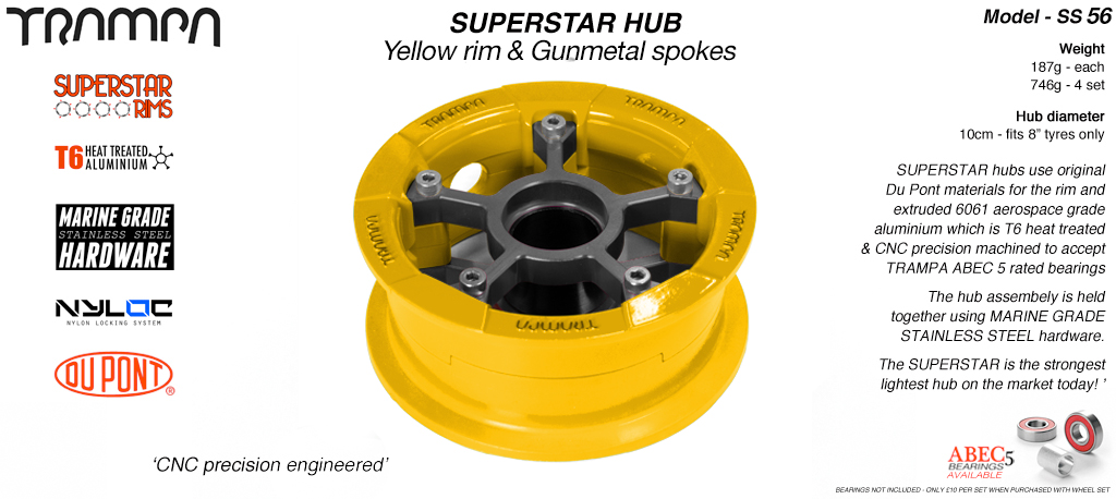 SUPERSTAR Hub 3.75 x 2 Inch - Yellow Rim with Gunmetal Spokes & Marine Grade Stainless Steel Bolt kit 
