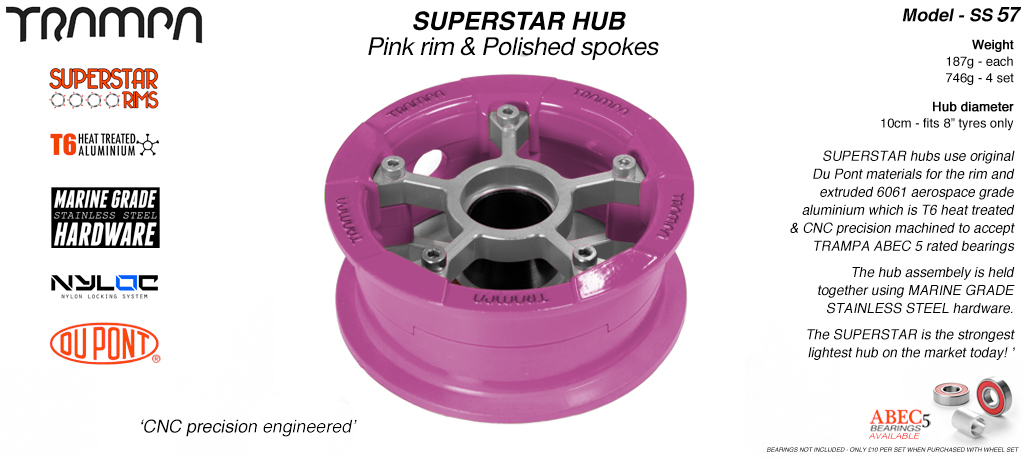 SUPERSTAR Hub 3.75 x 2 Inch - Pink Rim with Polished Spokes & Marine Grade Stainless Steel Bolt kit