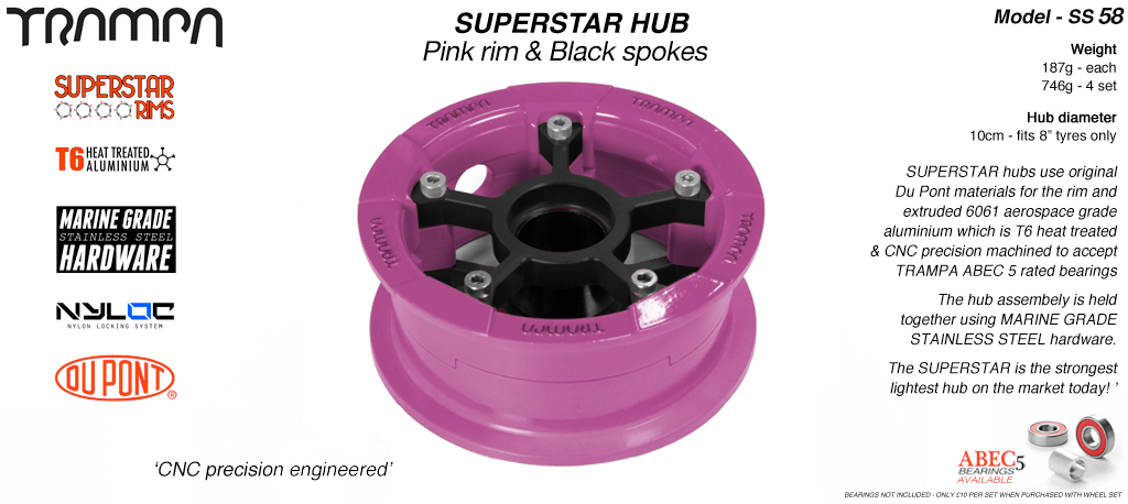 SUPERSTAR Hub 3.75 x 2 Inch - Pink Rim with Black Spokes & Marine Grade Stainless Steel Bolt kit