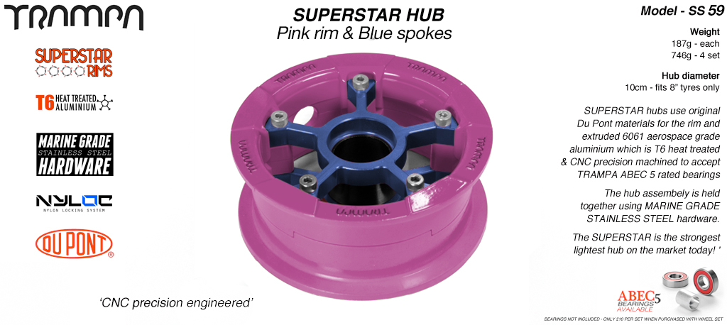 SUPERSTAR Hub 3.75 x 2 Inch - Pink Rim with Blue Spokes & Marine Grade Stainless Steel Bolt kit 