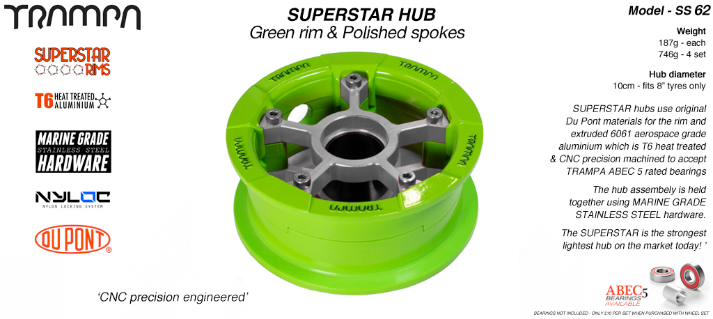 SUPERSTAR Hub 3.75 x 2 Inch - Green Rim with Polished Spokes & Marine Grade Stainless Steel Bolt kit  