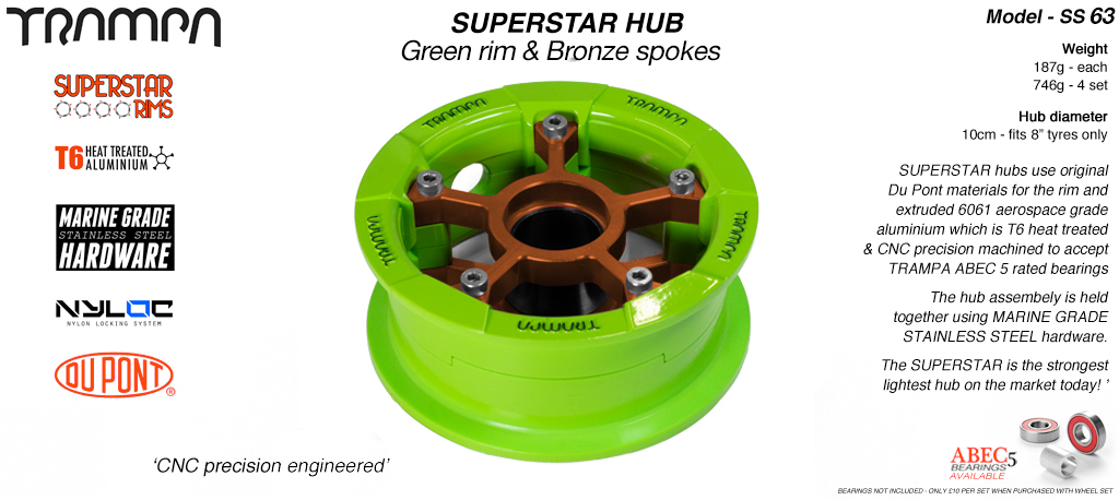 SUPERSTAR Hub 3.75 x 2 Inch - Green Rim with Bronze Spokes & Marine Grade Stainless Steel Bolt kit
