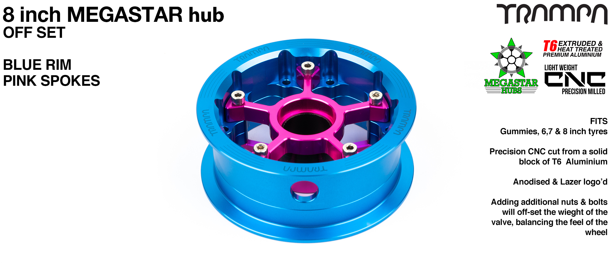 8 Inch OFF-SET MEGASTAR Hub - BLUE Rim with pink Spokes 