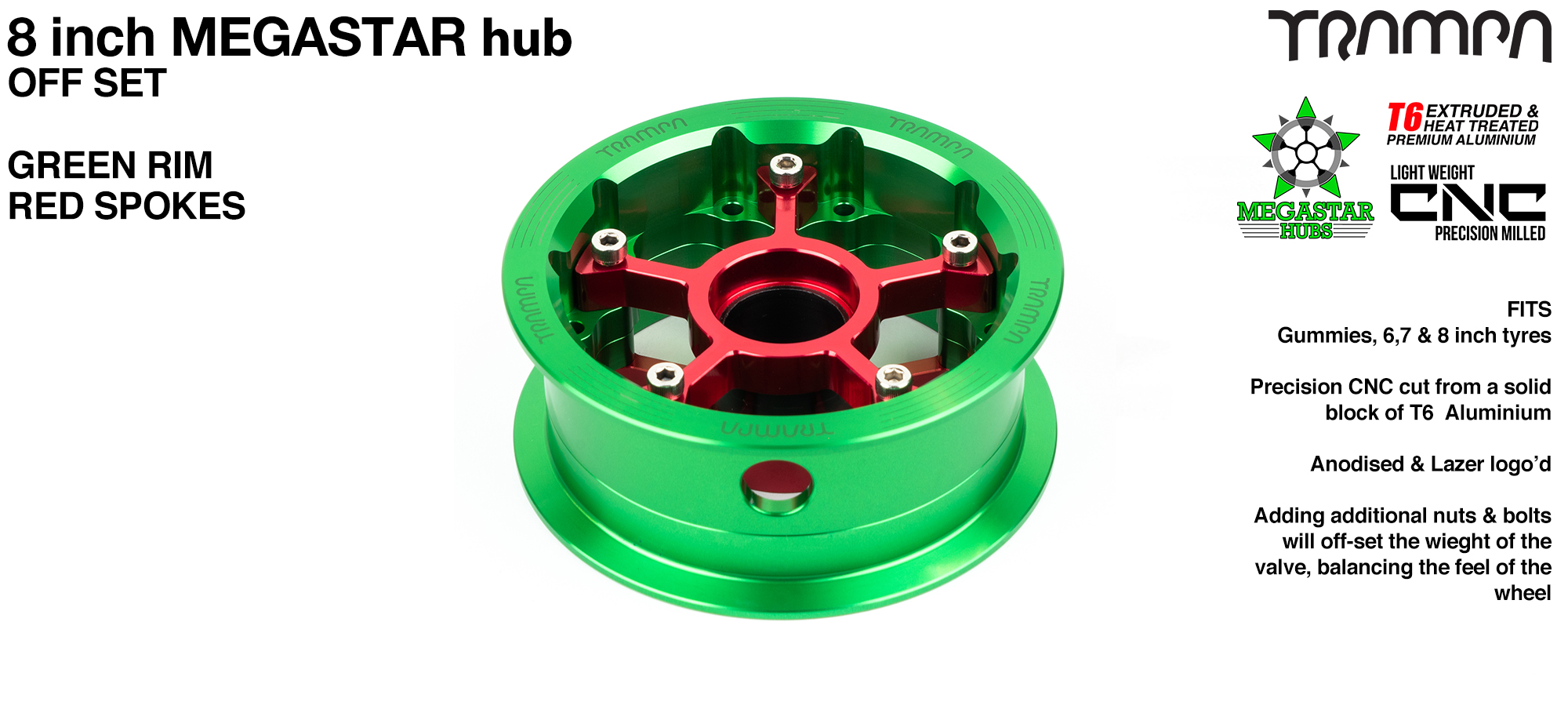 8 Inch OFF-SET MEGASTAR Hub - GREEN Rim with RED Spokes