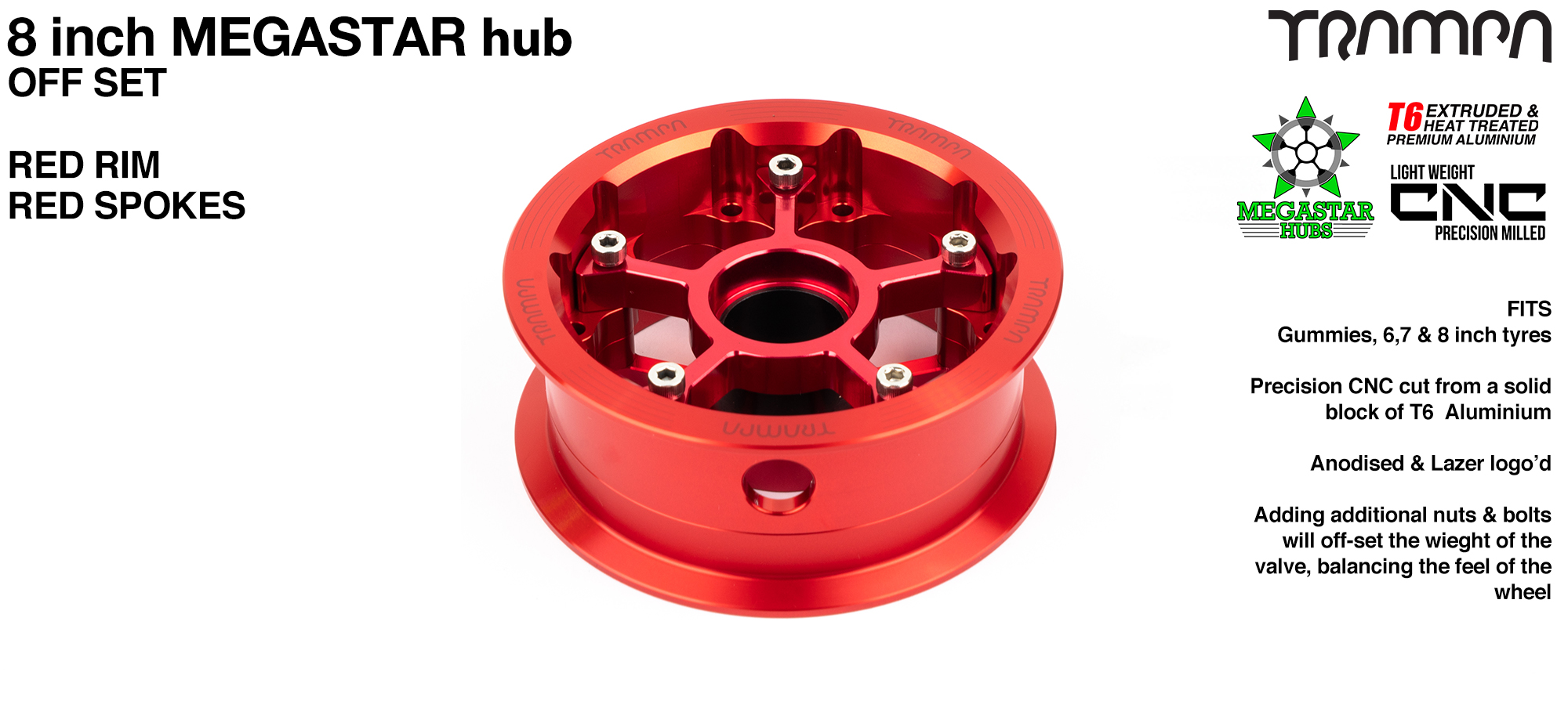 8 Inch OFF-SET MEGASTAR Hub - RED Rim with RED Spokes