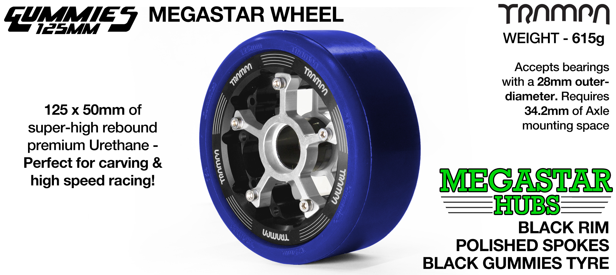 BLACK CENTER-SET MEGASTAR 8 Rim with POLISHED Spokes with BLUE Gummies    - The Ulrimate Longboard Wheel