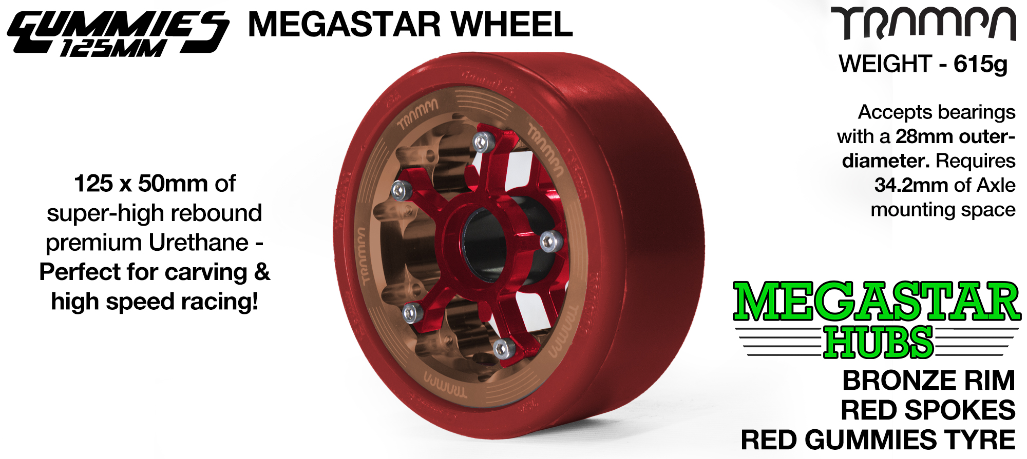 BRONZE CENTER-SET MEGASTAR 8 Rim with RED Spokes with RED Gummies - The Ultimate Longboard Wheel 