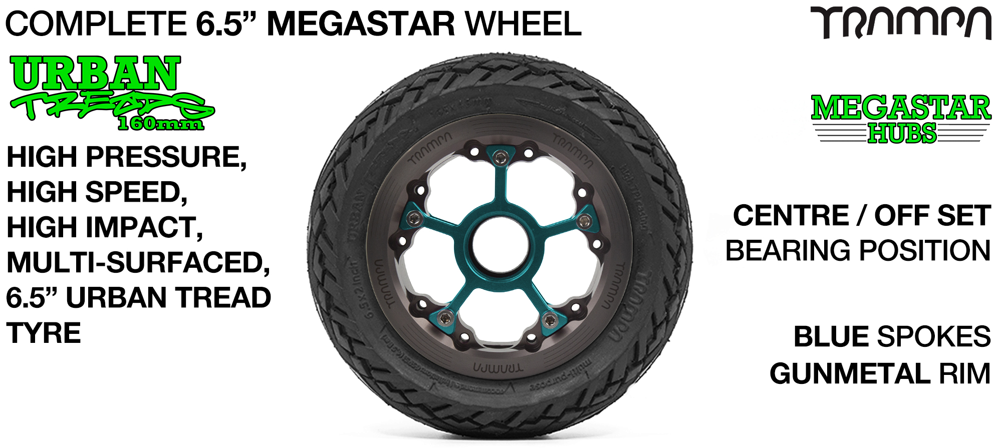 CENTER-SET MEGASTAR 8 Hub with GUNMETAL Rims & BLUE Spokes with the amazing Low Profile 6.5 Inch URBAN Treads Tyres