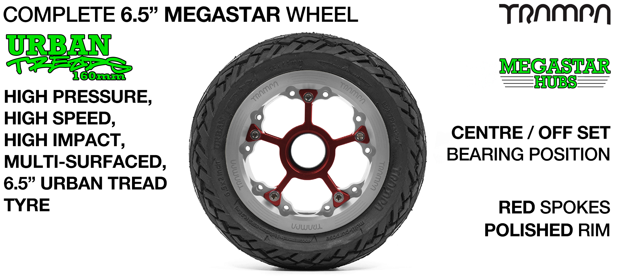 CENTER-SET MEGASTAR 8 Hub with POLISHED Rims & RED Spokes with the amazing Low Profile 6.5 Inch URBAN Treads Tyres