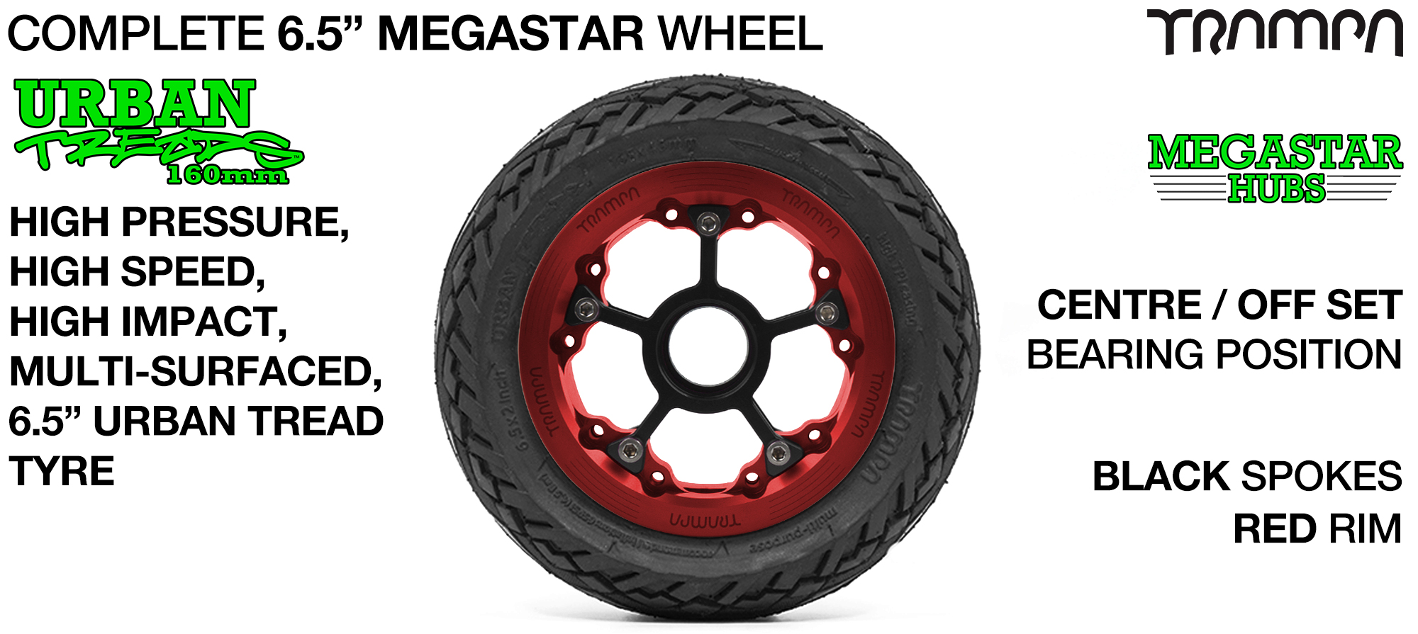 CENTER-SET MEGASTAR 8 Hub with RED Rims & BLACK Spokes with the amazing Low Profile 6.5 Inch URBAN Treads Tyres