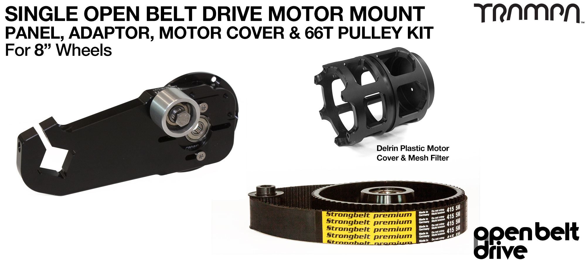 66T Open Belt Drive OBD Motor Mount with 66 tooth Pulley Kit for 8 inch Wheels & Motor Protection - SINGLE