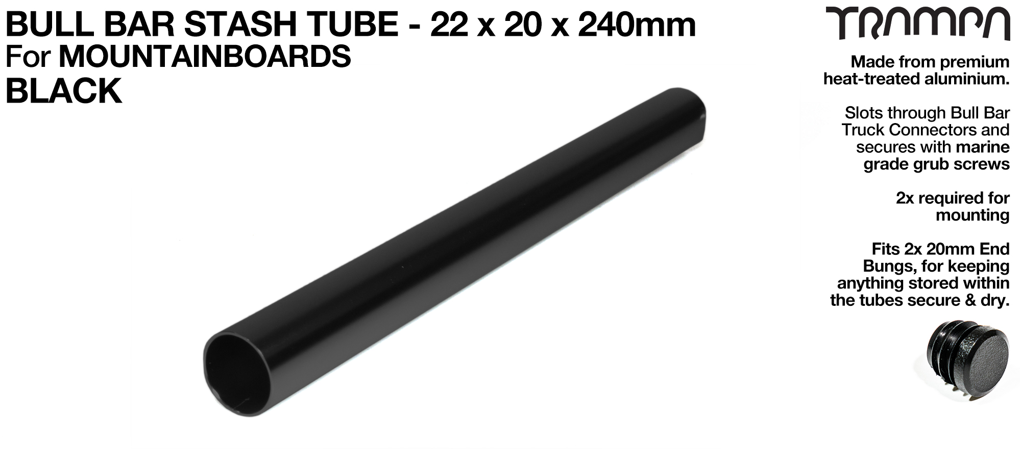 Mountainboard Bull Bar Hollow Aluminium Stash Tube - BLACK 22x20x240mm